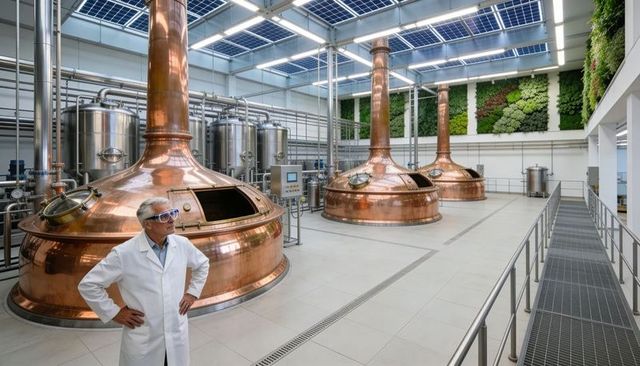 Master brewer inspecting copper kettles in modern automated brewery with green wall