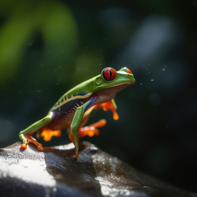 Close up of red eyed tree frog on leaf, created using generative ai technology. Animal, amphibians, wildlife and nature concept digitally generated image.