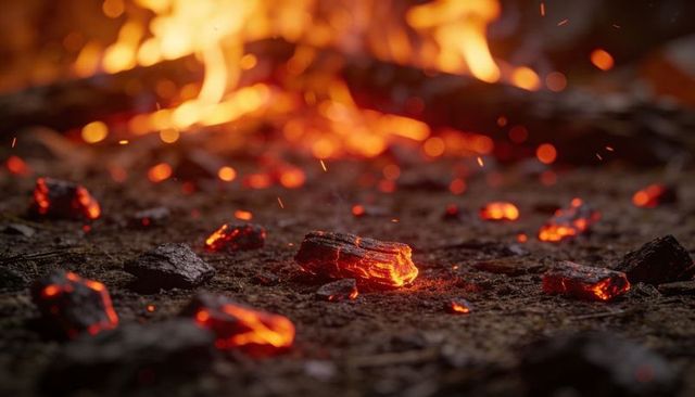 Glowing embers and charred wood radiating warmth at night fire pit close-up with sparks