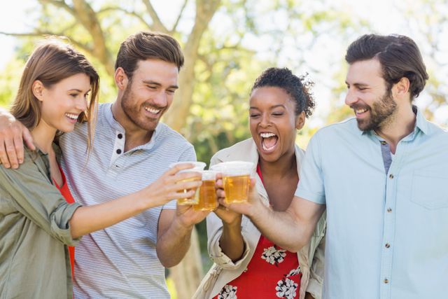 Group of friends enjoying a sunny day in the park, toasting with beers and smiling. Perfect for themes related to friendship, outdoor activities, summer fun, social gatherings, and leisure time. Ideal for use in advertisements, social media posts, and promotional materials for events or lifestyle brands.