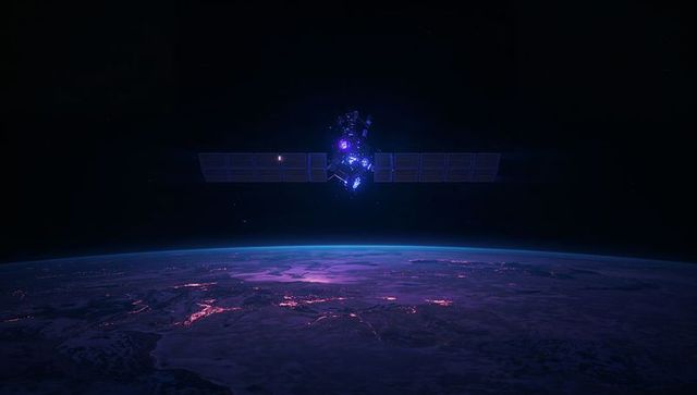 Futuristic satellite orbiting earth in low orbit