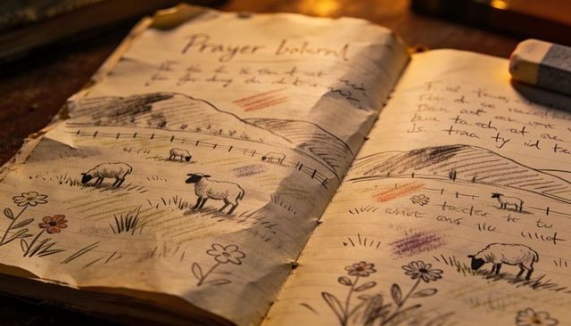 Vintage journal sketchbook showing pastoral sheep sketches, crayon shading and cursive notes