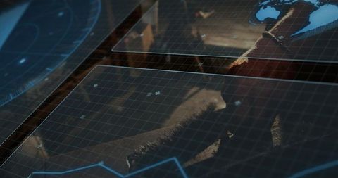 Operator Hand Navigating Futuristic Holographic Grid Console with Global Radar Interface