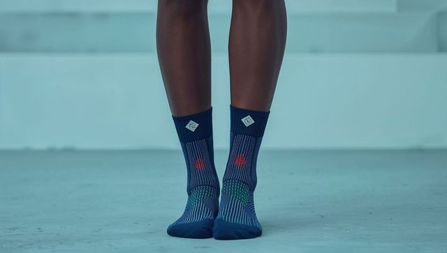 Standing calves wearing navy technical socks with pinstripe pattern on pale blue floor