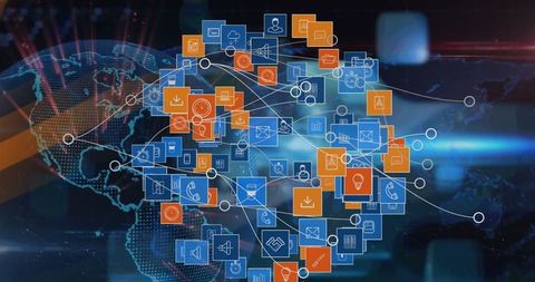 Global Network Data Flow with Technology Icons