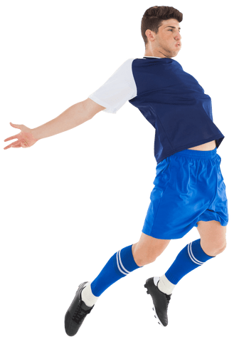 Dynamic caucasian footballer in mid-air on transparent background