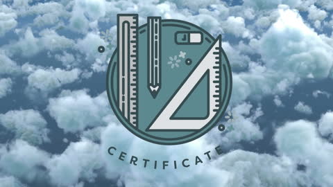 Certificate Animation with Geometric Icons Over Cloud Background