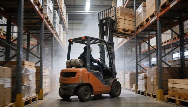 Orange forklift lifting wooden crate to high pallet rack in hazy warehouse aisle
