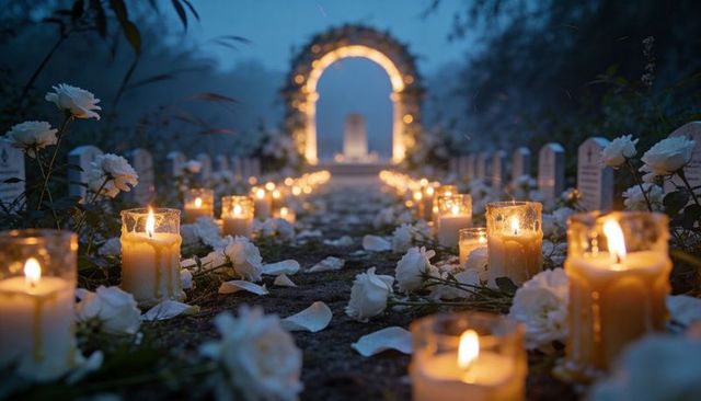 Candlelit memorial walkway through white roses toward illuminated floral arch at misty dusk