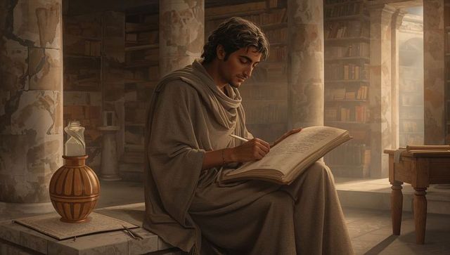 Scholar scribe writing in ancient marble library with codex and stylus