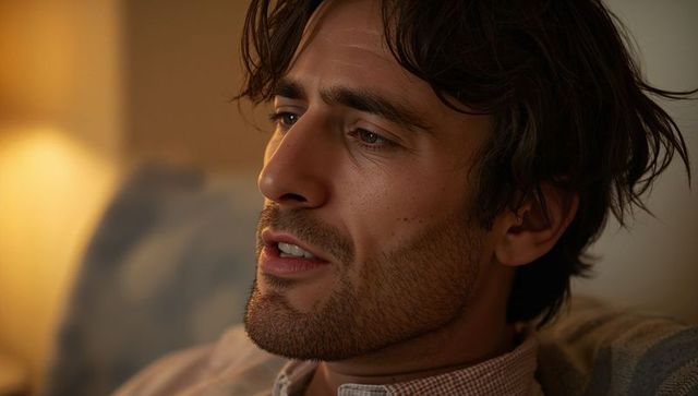 Middle eastern man sitting on sofa turning left, contemplative close-up portrait in warm light
