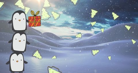 Whimsical Penguins Stacking in Snowy Winter Wonderland