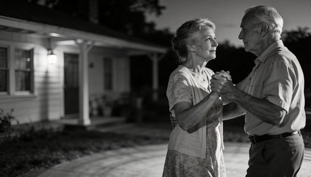 Senior couple slow-dancing on front patio at dusk monochrome tender evening romance