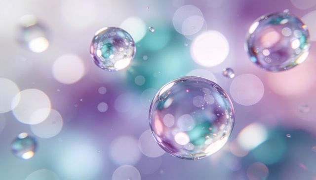 Floating iridescent soap bubbles over pastel bokeh with pearlescent sheen and droplets