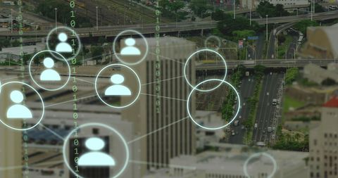 Digital Integration Over Urban Cityscape with Connection Icons