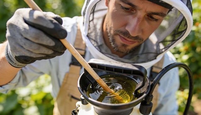 Beekeeper stirring treatment in orchard sprayer wearing protective veil, gloves, overalls