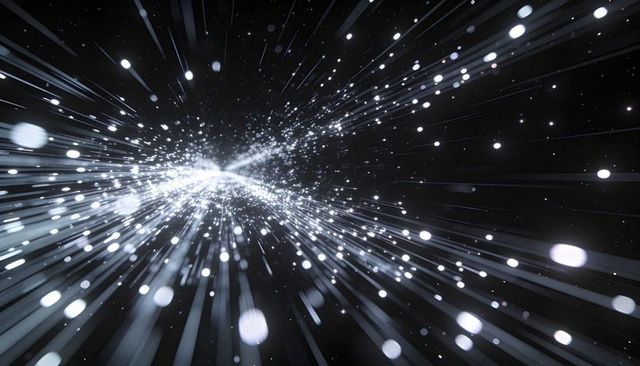 Bursting Hyperspace Light, Streaming Particle Trails Radiating Through Dark Starfield