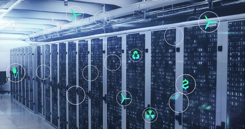 Eco-friendly data center with digital connectivity icons