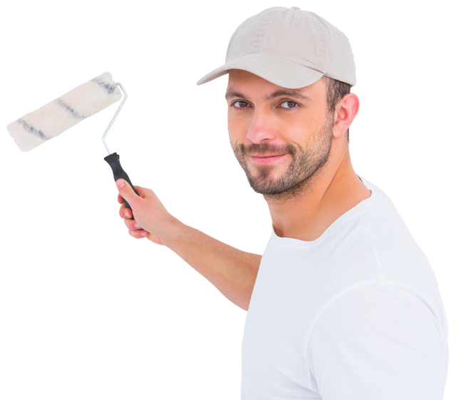 Smiling Handyman Holding Transparent Paint Roller in White Shirt and Cap - Download Free Stock Videos Pikwizard.com