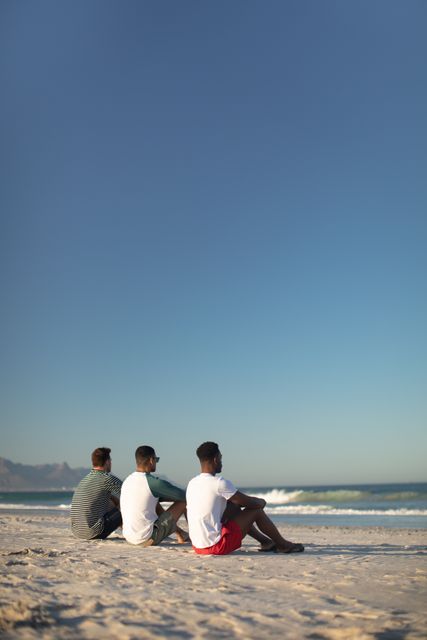 Side view of male friends relaxing together on the beach