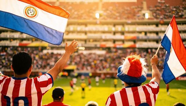 Cheering paraguayan football fans waving tricolor flags in sunlit stadium