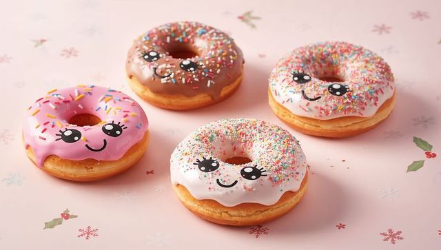 Smiling frosted donuts with colorful sprinkles on pastel pink holiday backdrop kawaii decor