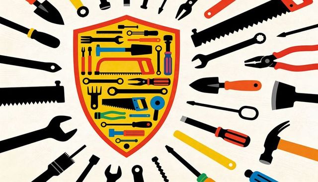 Tool shield emblem with colorful tool silhouettes radiating on off-white retro poster