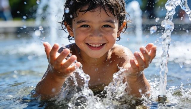 Smiling child splashing in fountain on sunny day, playful summer outdoor portrait