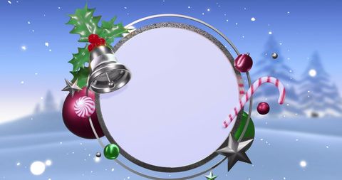Christmas Frame with Ornaments and Winter Landscape