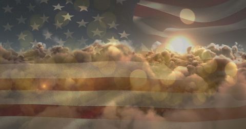 American Flag Overlaid on Dreamy Sky and Clouds at Sunset