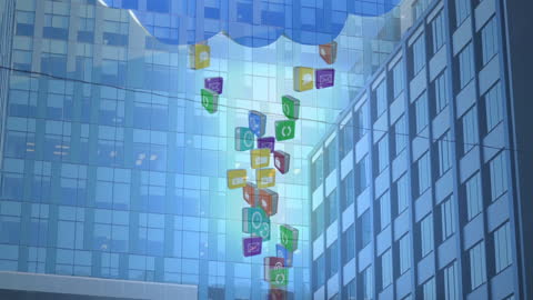 Digital Media Icons Merging with Urban Cityscape