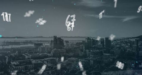 Digital Numbers Falling Over Modern Cityscape Background