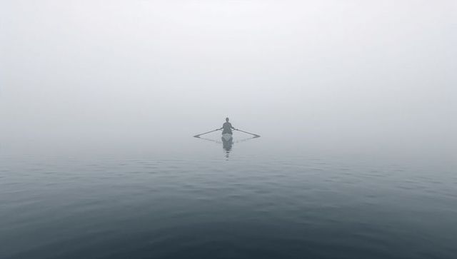 Solitary rower rowing into dense fog on calm water minimalist misty lake silhouette