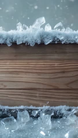 Vertical video of drifting snowflakes over frost-lined ice crystals on wooden plank edge
