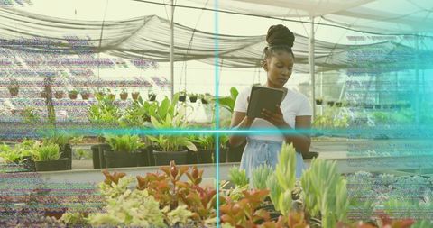 Urban Nursery Technician Inspecting Potted Plants with Tablet and Cyan Glitch Overlay