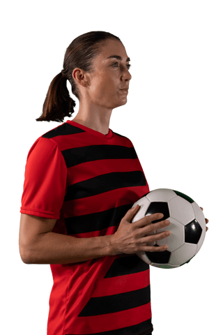 Caucasian Female Footballer Holding Ball on Transparent Background