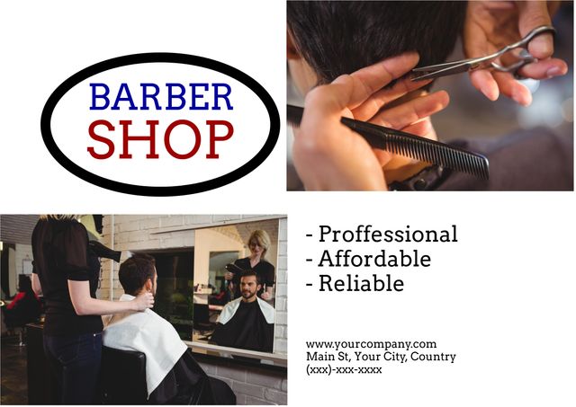 Ideal for showcasing and promoting barber shop services, this image depicts a barber cutting a client's hair, highlighting the professionalism and reliability of the service. The emphasis on affordability and trustworthiness can attract potential clients. Perfect for marketing materials, websites, flyers, and social media promotions for barber shops and grooming salons.