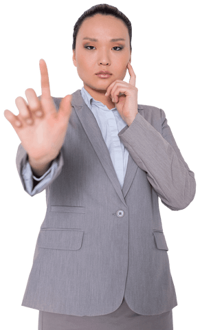 Asian Businesswoman Touching Virtual Screen On Transparent Background