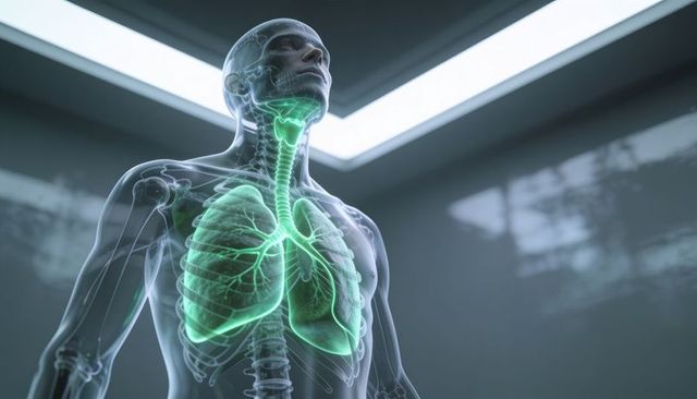 Translucent human torso showing glowing lungs and trachea for medical visualization
