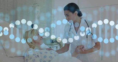 Medical Professional Comforting Patient with DNA Helix Overlay