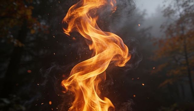 Dancing flame curling through foggy forest emitting embers and smoke plumes