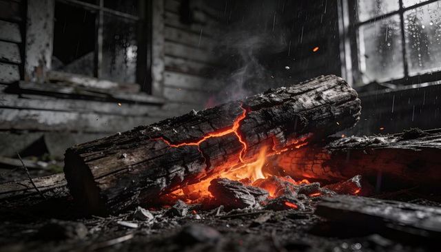 Smoldering charred log with glowing cracks and embers in rain-soaked abandoned cabin