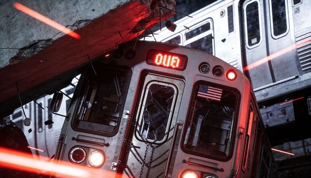 Derailing subway train crash underground tunnel shattered cab dented red emergency lights