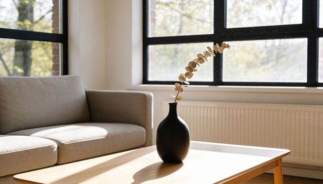 Matte black vase holding dried eucalyptus on wooden table by sunlit sofa and window