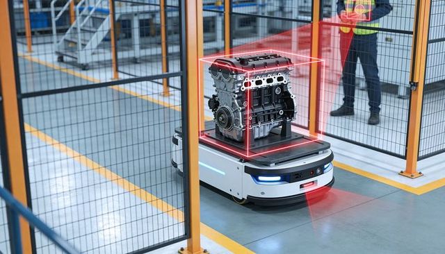 Autonomous mobile robot transporting engine block in smart factory while worker monitors tablet