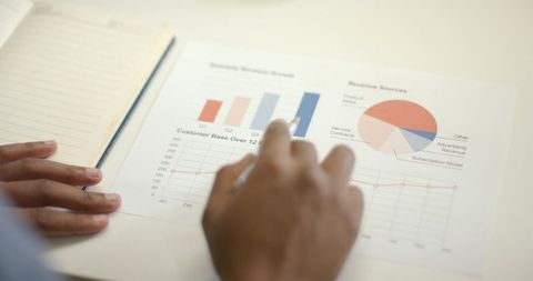 African American male pointing at printed business charts and graphs, analyzing data