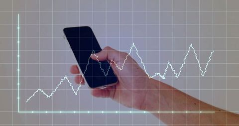 Holding Smartphone Overlaid with Analytics Graph Interface