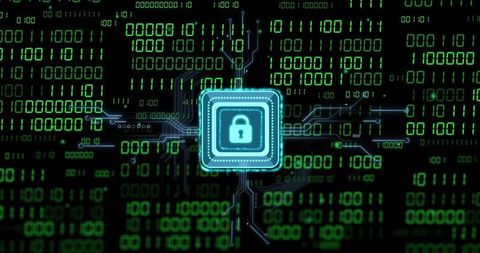 Neon lock chip securing binary data with glowing circuit traces and pulsing halo
