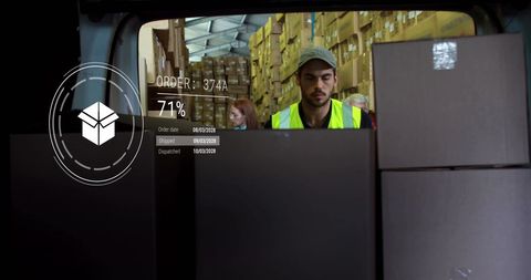 Delivery worker loading van in warehouse shipment digitally analysed