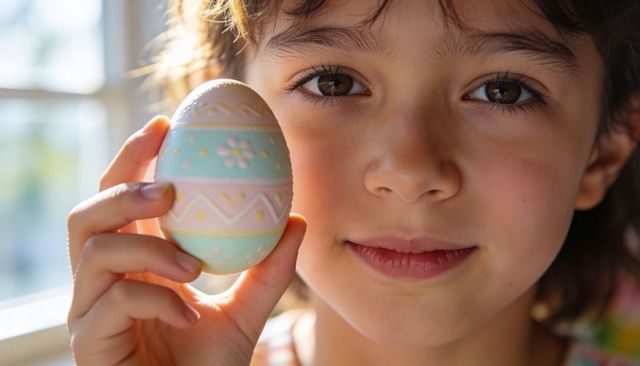 Holding pastel easter egg near cheek smiling girl closeup backlit sunlit spring portrait